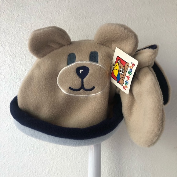 Peek-A-Babe Bear Hat and Matching Mittens 12-24m - Picture 2 of 6